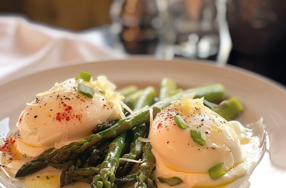 Poached eggs and Parmesan with asparagus and lemon butter sauce