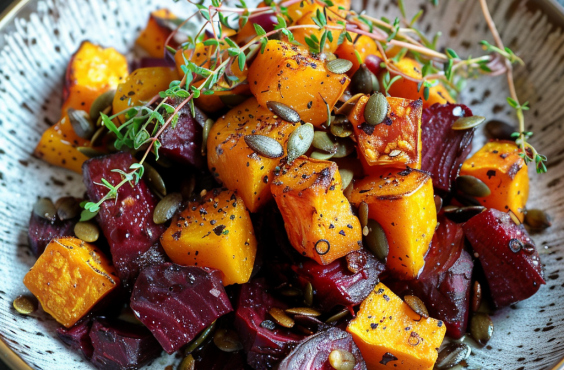 Slow-roasted beetroot and butternut with caramelised pumpkin seeds