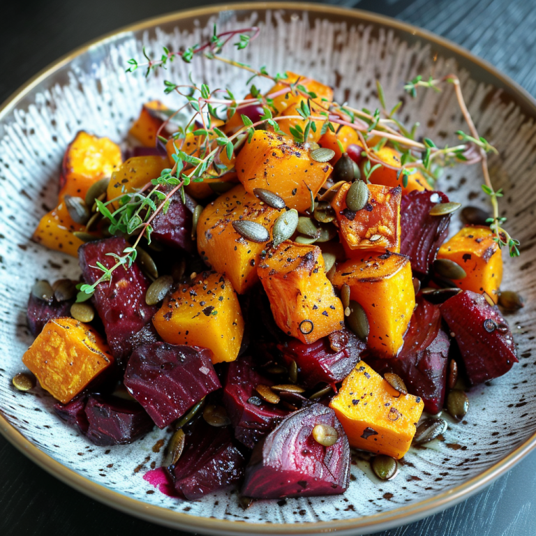 Slow-roasted beetroot and butternut with caramelised pumpkin seeds
