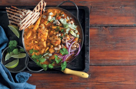 Cashew, coconut and tomato fish curry with fresh fennel salsa and chargrilled naan bread recipe