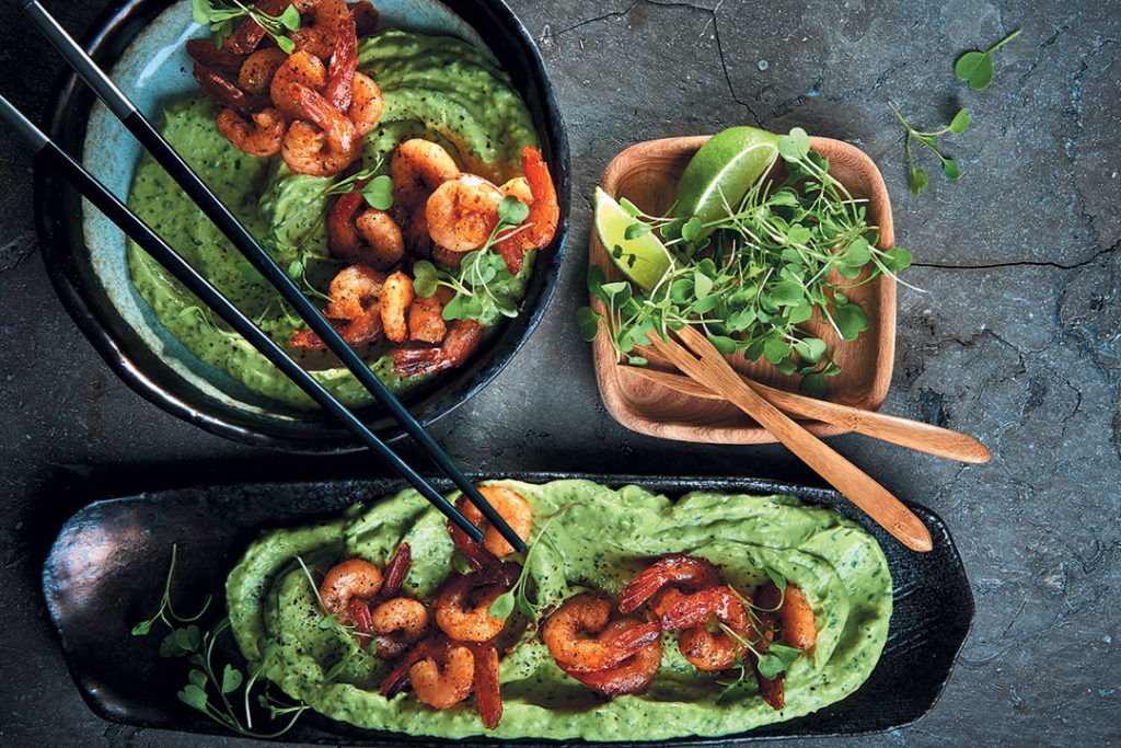 Avo mousse with Cajun prawns