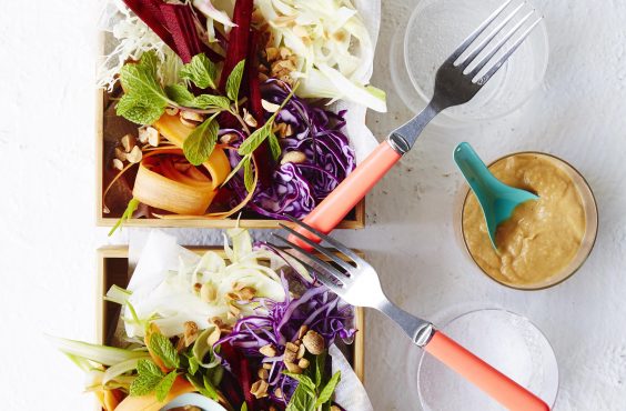 Miso peanut butter bowl with shredded summer veg