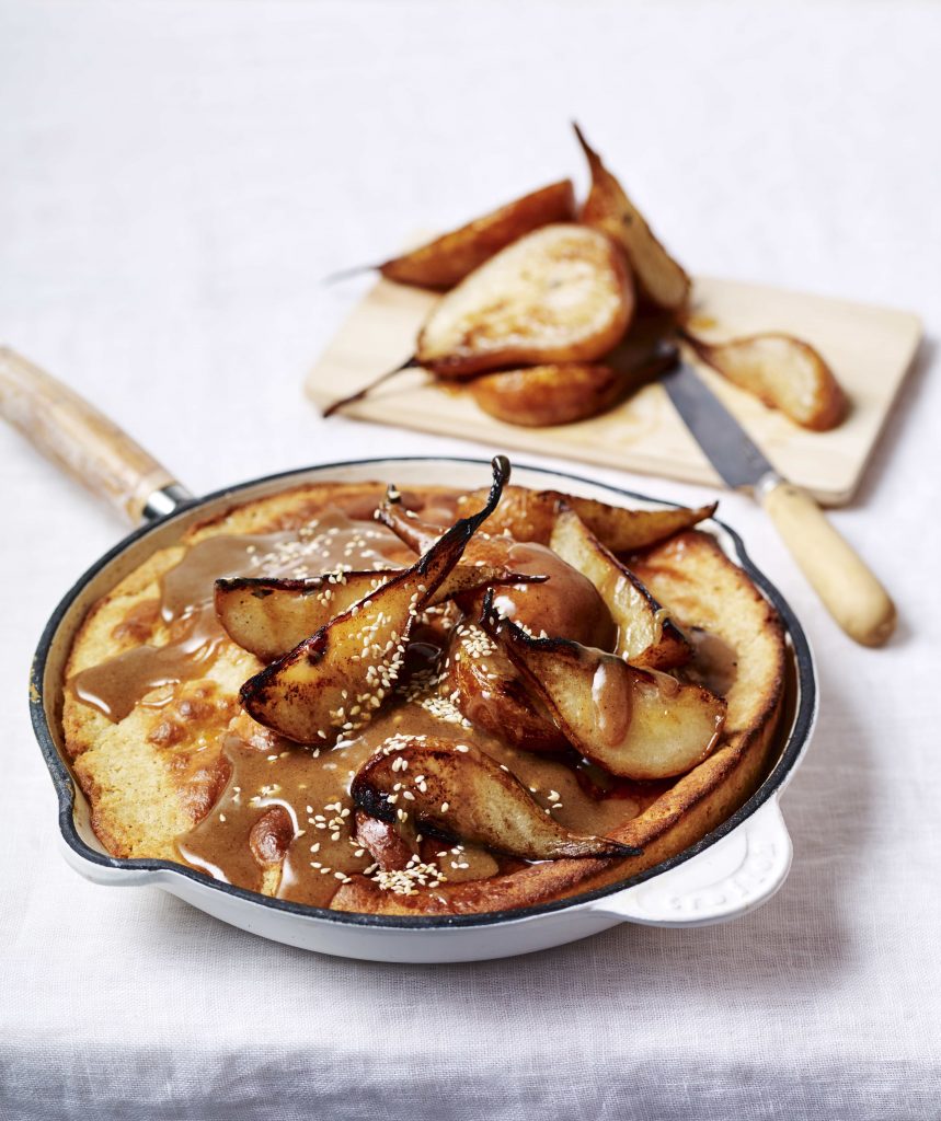 Skillet hot cake with tahini maple pears